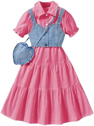 Girl's Flared Ruffle Boho Dresses Button Down Collared, Hot Pink