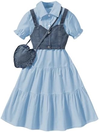 Girl's Flared Ruffle Boho Dresses Button Down Collared, Light Blue