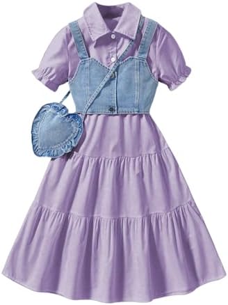 Girl's Flared Ruffle Boho Dresses Button Down Collared, Lilac Purple