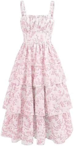 Girl's Floral Layered Long Dress Tiered Sleeveless Tank, Pink