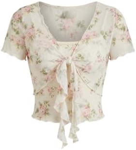 Girl's Floral Mesh Shirts Bow Tie Tops Boho Cute Short Sleeve Tops