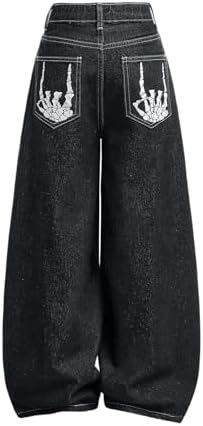 Girl's Goth Wide Leg Baggy Jeans Streetwear Loose Denim Pants with Pockets