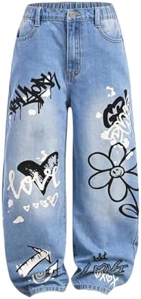 Girl's Hip Hop Letter Graphic Jeans High Waisted Wide Leg Casual Denim Pants