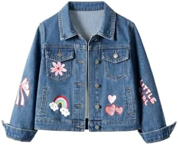 Girl's Jean Jacket Cute Embroidery Button Long Sleeve Denim, Dark Blue