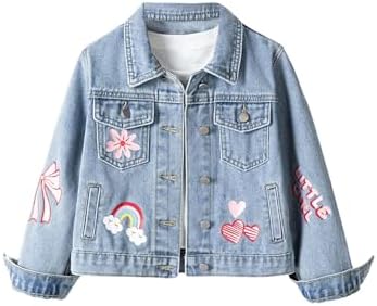 Girl's Jean Jacket Cute Embroidery Button Long Sleeve Denim, Medium Wash A