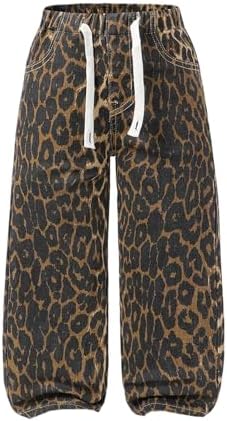 Girl's Leopard Print Wide Leg Jeans Drawstring High Waisted, Brown A