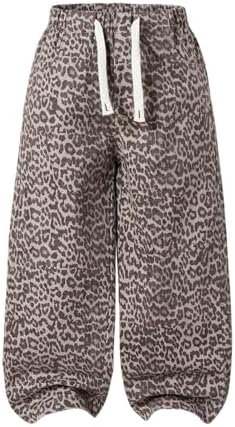 Girl's Leopard Print Wide Leg Jeans Drawstring High Waisted, Coffee