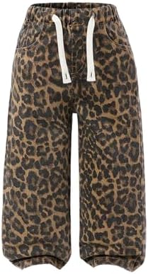 Girl's Leopard Print Wide Leg Jeans Drawstring High Waisted Denim Pants Baggy