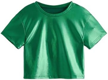 Girl's Metallic Crop Tee Top Sparkle Neon Shirts Concert, Green