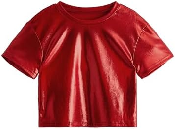 Girl's Metallic Crop Tee Top Sparkle Neon Shirts Concert, Red