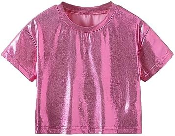 Girl's Metallic Crop Tee Top Sparkle Neon Shirts Concert, Dusty Pink