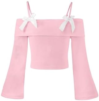 Girl's Tops Off The Shoulder Long Sleeve T Shirt Ribbed, Pink White