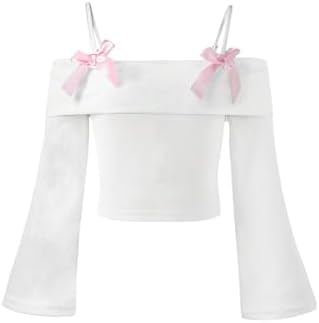 Girl's Tops Off The Shoulder Long Sleeve T Shirt Ribbed, White