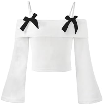 Girl's Tops Off The Shoulder Long Sleeve T Shirt Ribbed, White Black