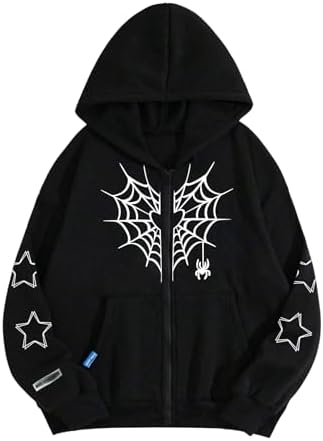 Girl's Y2k Goth Zip Up Graphic Hoodies Long Sleeve Loose Hooded Sweatshirts
