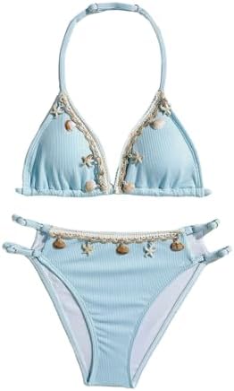 Girls Cute Bikini Set Halter Beaded Swimsuit Summer Bathing, Light Blue