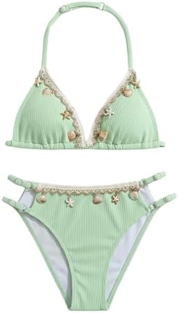 Girls Cute Bikini Set Halter Beaded Swimsuit Summer Bathing, Mint Green