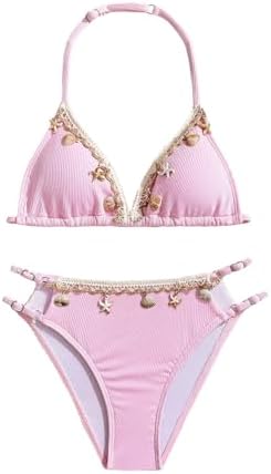 Girls Cute Bikini Set Halter Beaded Swimsuit Summer Bathing Suits for Teen