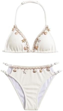 Girls Cute Bikini Set Halter Beaded Swimsuit Summer Bathing, Beige