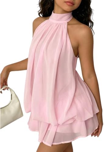 Girls Cute Dresses Chiffon Flowy Sleeveless Halter Mini, Light Pink