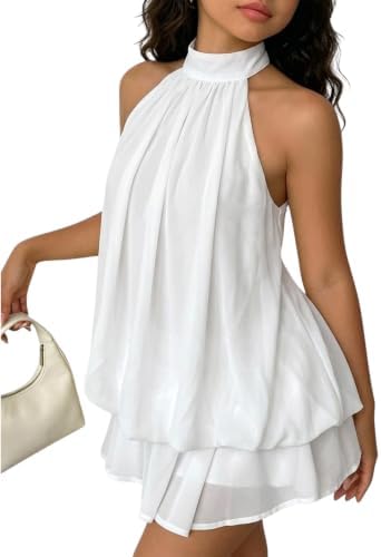 Girls Cute Dresses Chiffon Flowy Sleeveless Halter Mini, White