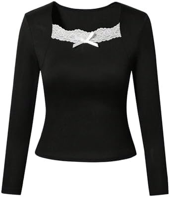 Girls Long Sleeve Shirts Lace Bow Ribbed T Shirts Casual Tops Cute Clothes
