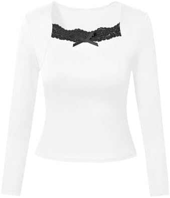 Girls Long Sleeve Shirts Lace Bow Ribbed T Shirts Casual, White