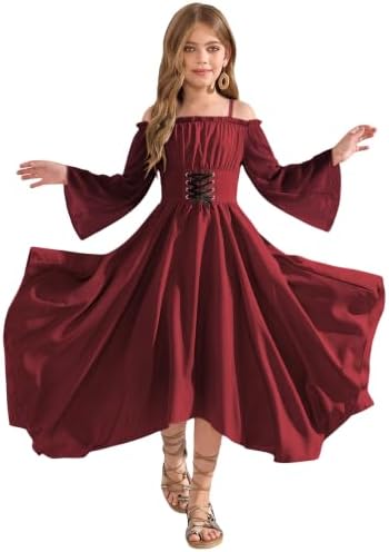 Girls Renaissance Dresses Off Shoulder Lace Up Corset Flowy, Burgundy
