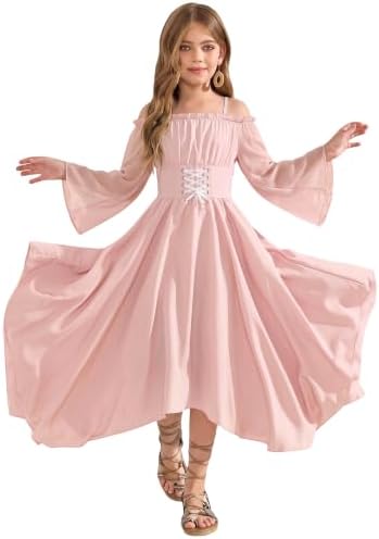 Girls Renaissance Dresses Off Shoulder Lace Up Corset Flowy, Pink