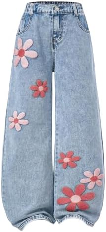 Girls Wide Leg Jeans Straight Leg Denim Pants with Pockets, Blue And Red