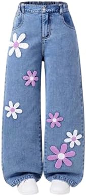 Girls Wide Leg Jeans Straight Leg Denim Pants with Pockets, Medium Wash