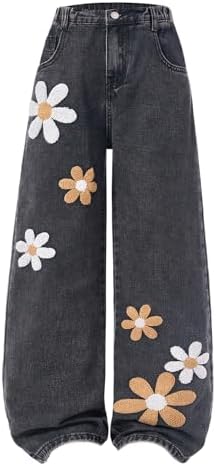 Girls Wide Leg Jeans Straight Leg Denim Pants with Pockets, Grey