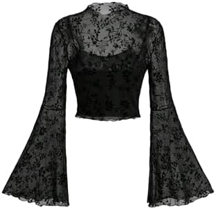 Gothic Clothes Mesh Bell Sleeve Crop Tops Concert Outfits
