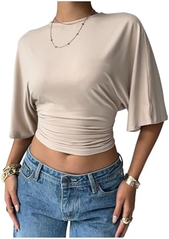 Half Sleeve Cinched Waist Tops Workout Crop T Shirts