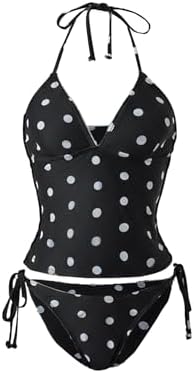Halter Tankini Swimsuits 2 Piece Polka Dots Bikini Set Tie Backless Tops with