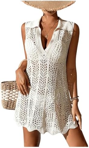 Hollow Out Crochet Cover Up Dress Sleeveless V Neck Swimsuit Coverup Apricot