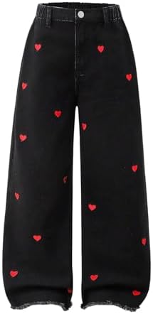 Jeans for Girls Baggy Wide Leg Cute Bow High Elastic, Black