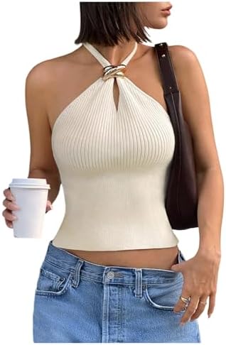 Knit Halter Tops Sleeveless Cropped Going Out Tops Apricot