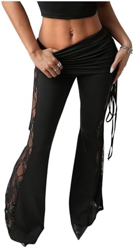 Lace Pants Fold Over Flare Leggings Bell Bottoms Rave Outfits Going Out Black