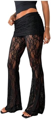 Lace Pants Sheer Mesh Sexy Flare Leggings Going Out Bottoms Black Small