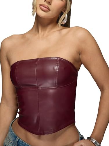 Leather Tube Top Backless Corset Crop Tops Going Out Outfit Burgundy Small