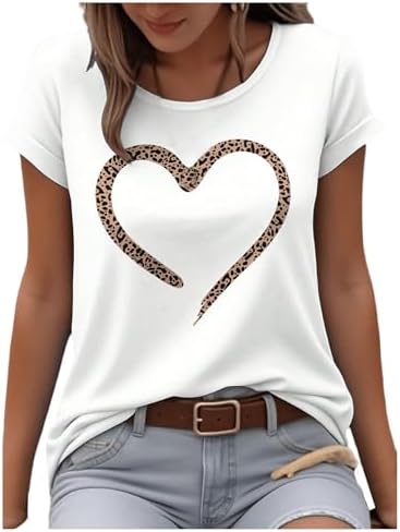 Leopard Heart Graphic Tees Short Sleeve Shirts Casual Tops