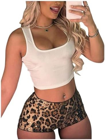 Leopard Print Sequin Rave Club Micro Shorts Low Waist Mini Booty Shorts Brown