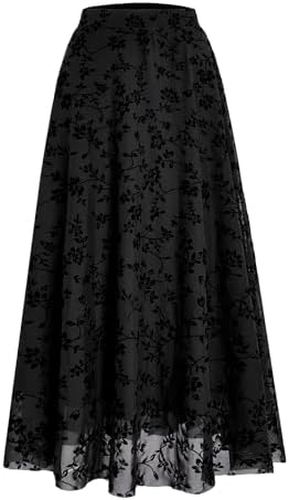 Long Maxi Skirt Y2k Gothic Flowy Ruffle Skirts Boho Floral Print Mesh Going