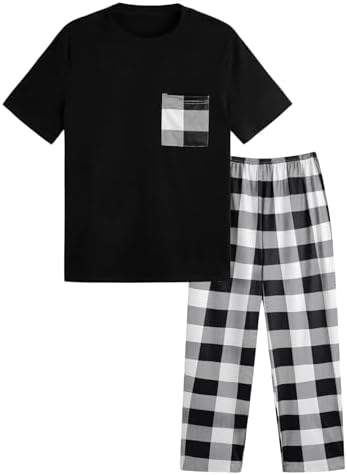 Men's 2 Piece Loungewear Pajama Set Plaid Print Short, Black And White