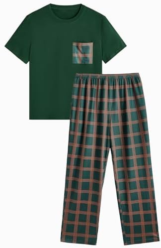Men's 2 Piece Loungewear Pajama Set Plaid Print Short, Dark Green