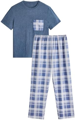 Men's 2 Piece Loungewear Pajama Set Plaid Print Short, Blue