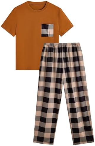 Men's 2 Piece Loungewear Pajama Set Plaid Print Short, Brown