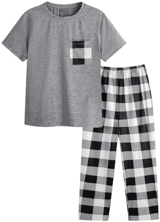 Men's 2 Piece Loungewear Pajama Set Plaid Print Short, Grey