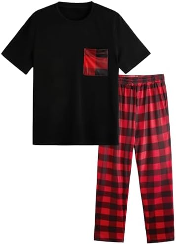 Men's 2 Piece Loungewear Pajama Set Plaid Print Short Sleeve Tee Top and